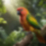 A colorful conure perched on a branch surrounded by greenery