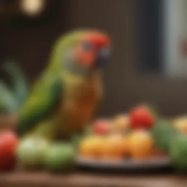 A conure enjoying a healthy meal with fresh fruits and vegetables