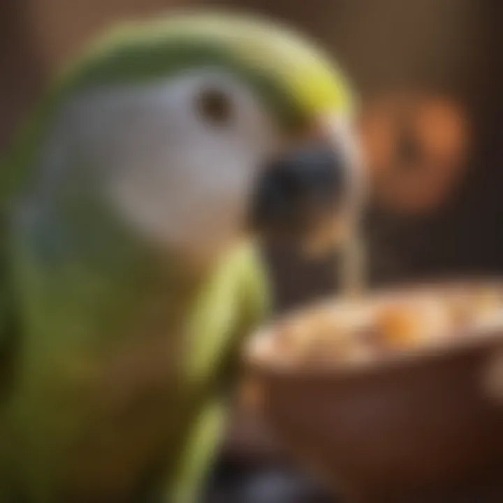 Quaker parrot enjoying a nutritious treat