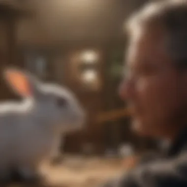 A rabbit interacting playfully with its owner