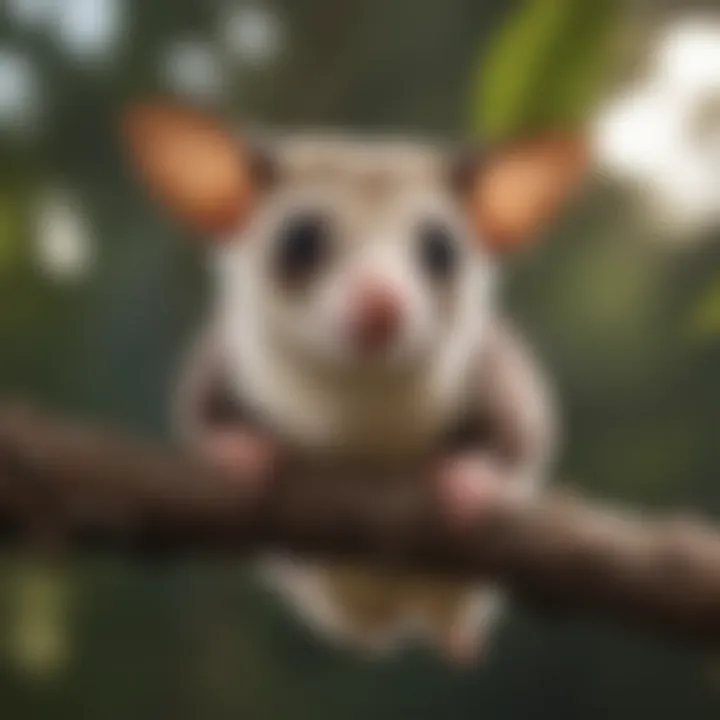 A sugar glider perched on a branch, showcasing its gliding membrane and distinctive markings.