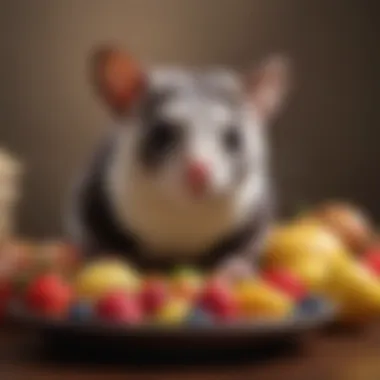 A well-balanced meal for sugar gliders, displaying various fruits and protein sources.