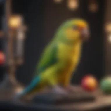 A parakeet perched on a training stand, showcasing its vibrant colors.