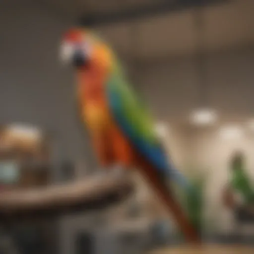 A vibrant parrot perched on a branch in a veterinary clinic setting.