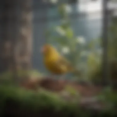 A spacious finch cage set up with plants and natural light, creating a vibrant environment.