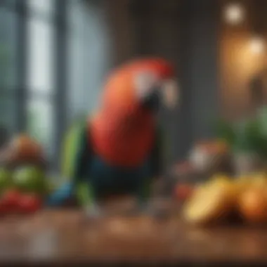 A parrot enjoying a nutritious meal of fruits and seeds