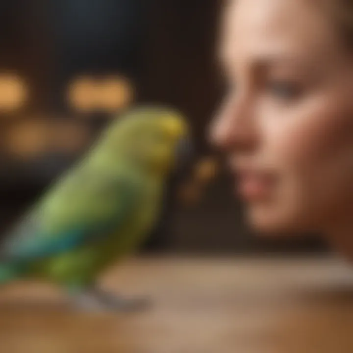 An owner interacting playfully with a budgerigar