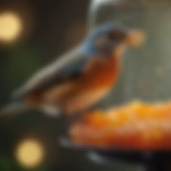 Close-up view of a bird enjoying jelly from a feeder, showcasing its vibrant plumage.