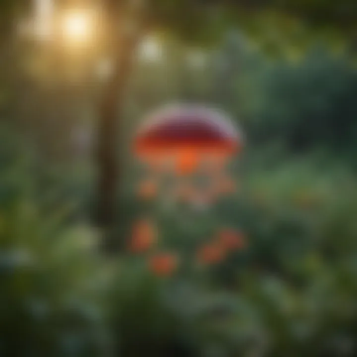 A vivid assortment of jelly feeders hung in a lush garden, attracting various bird species.