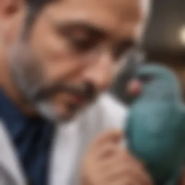 A close-up of a veterinarian examining a pet bird, displaying expertise and care.