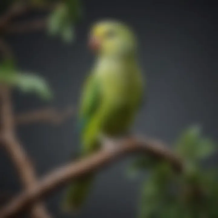 A vibrant green parakeet perched on a branch, showcasing its plumage and playful demeanor.