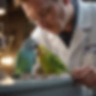 Veterinarian examining a parakeet for signs of disease