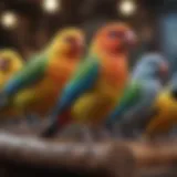 Colorful array of pet bird species perched together