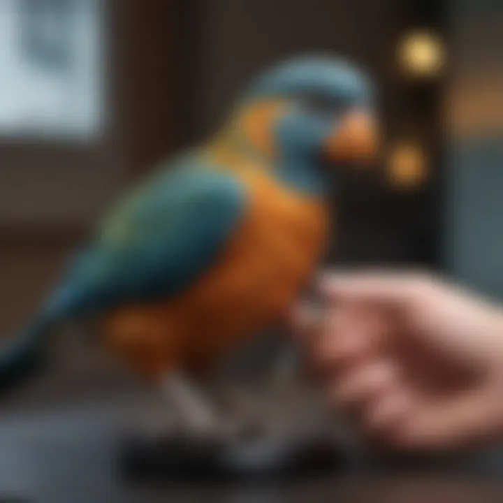 A veterinarian performing a health check on a pet bird before travel.