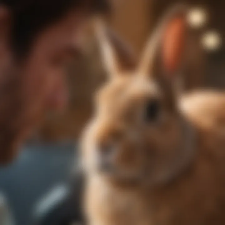 A close-up of a rabbit being examined by a veterinarian.