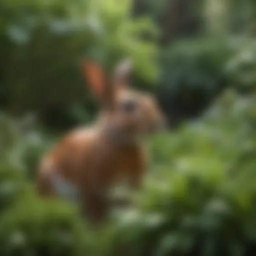 A vibrant garden setting with a rabbit exploring fresh greens.