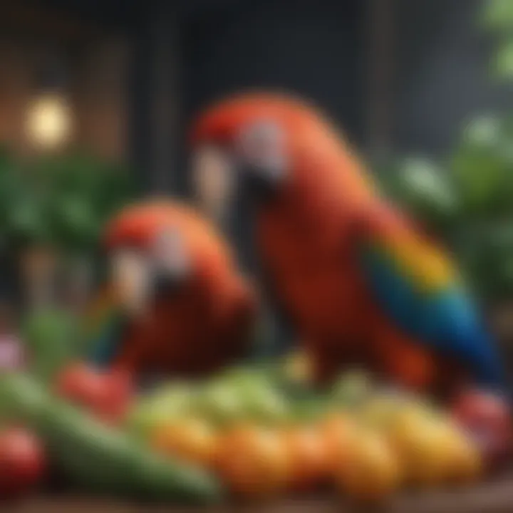 A colorful array of fruits and vegetables suitable for a macaw's diet