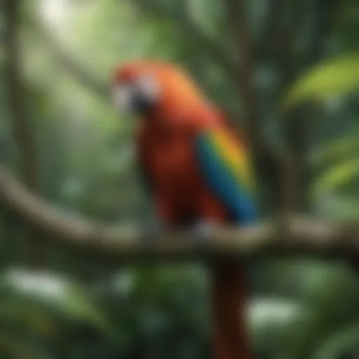 Vibrant macaw perched on a branch in a lush green environment