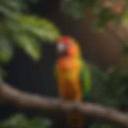 Colorful conure parrot perched on a branch