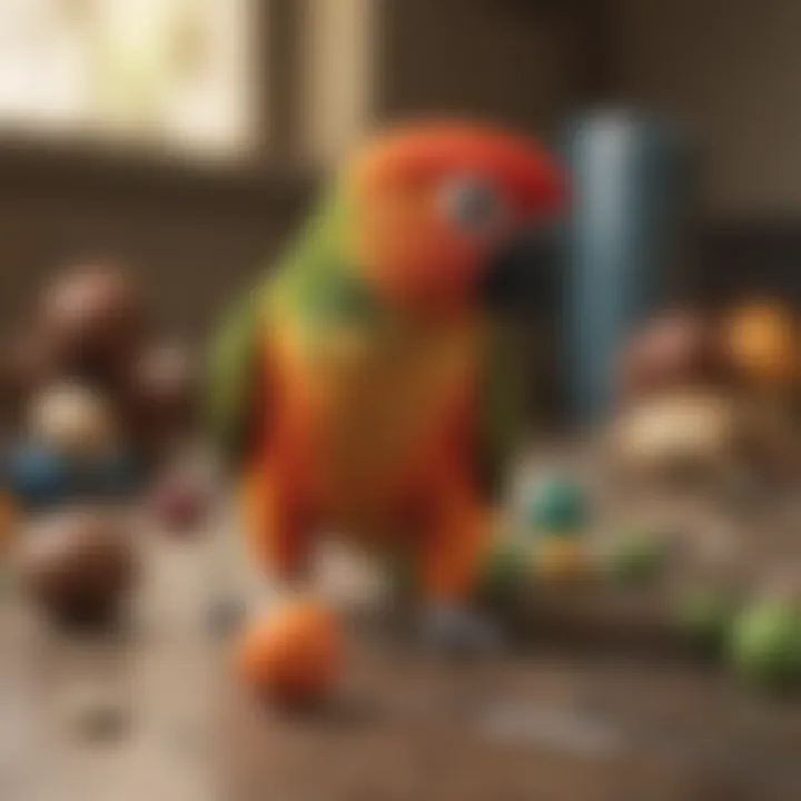 Conure parrot engaging in playful behavior with toys