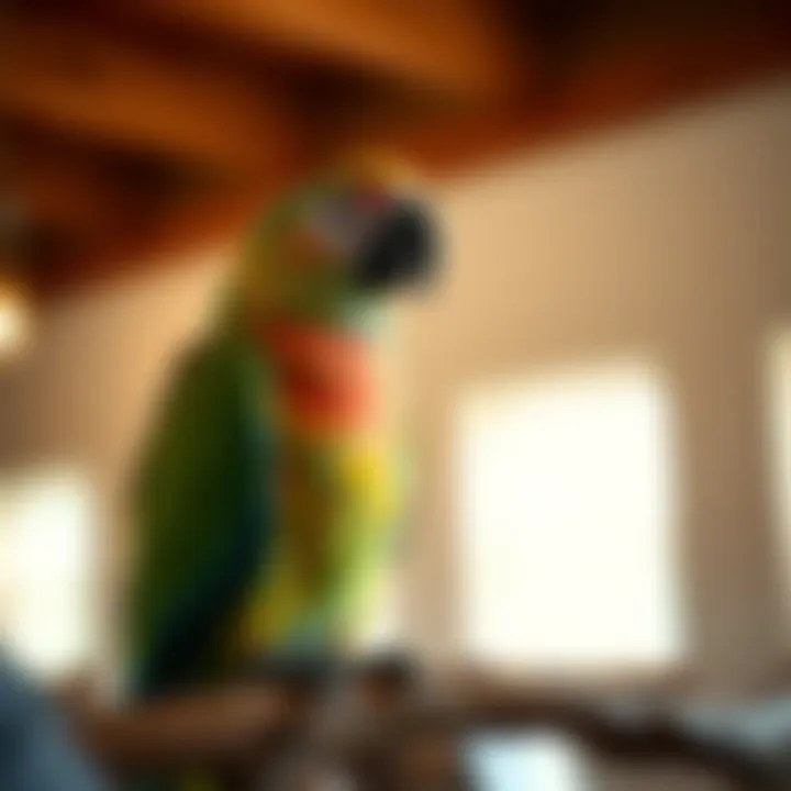 Person interacting with a talking parrot