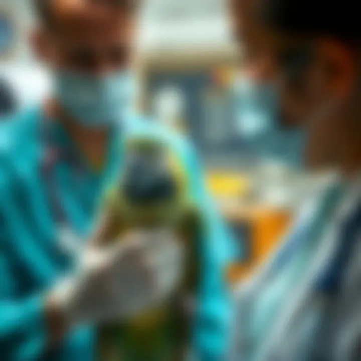 Veterinarian examining a parrot