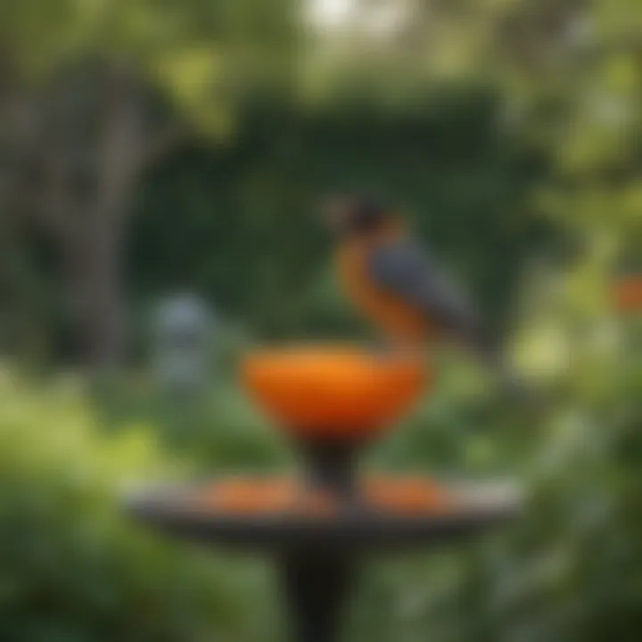 An orange feeder strategically placed in a garden for visibility