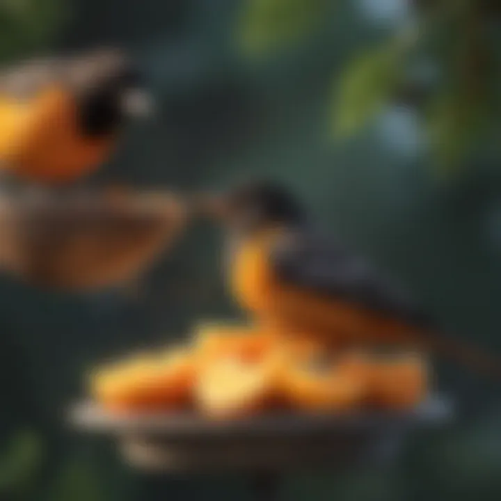 Baltimore Orioles enjoying fresh orange slices in a feeder