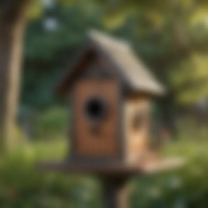 A well-maintained birdhouse in a peaceful garden setting