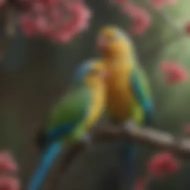 A colorful parakeet perched on a branch with flowers