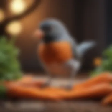 Bird Discovery: Exploring New Foods A pet bird curiously exploring a piece of carrot.