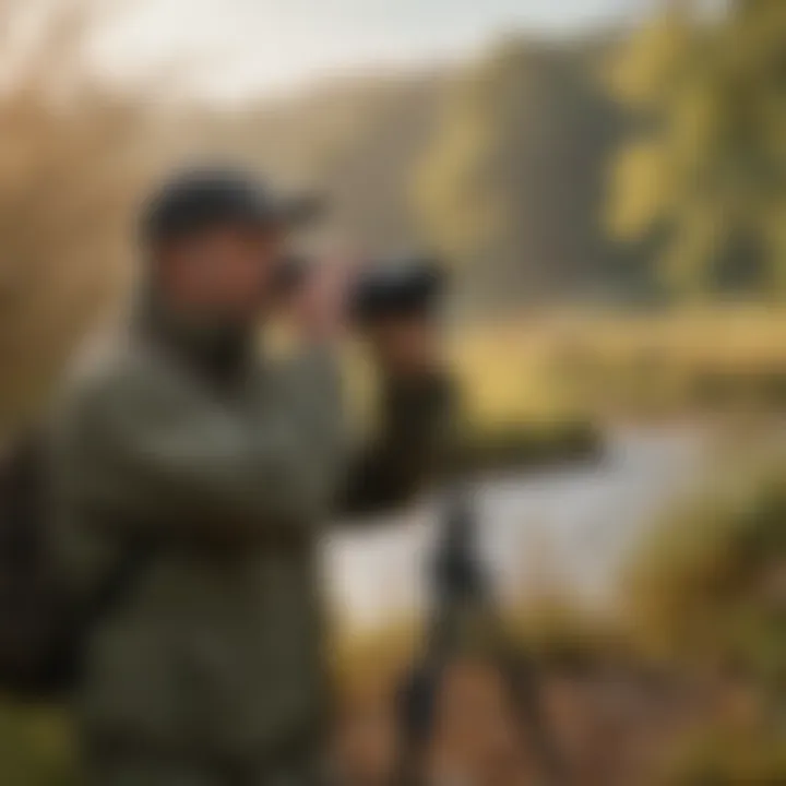 A serene landscape with a birdwatcher using binoculars to observe birds while listening to their calls.