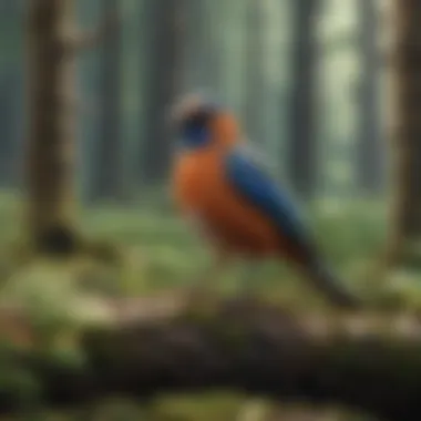 A vibrant forest scene with various bird species perched on branches, vocalizing their songs.