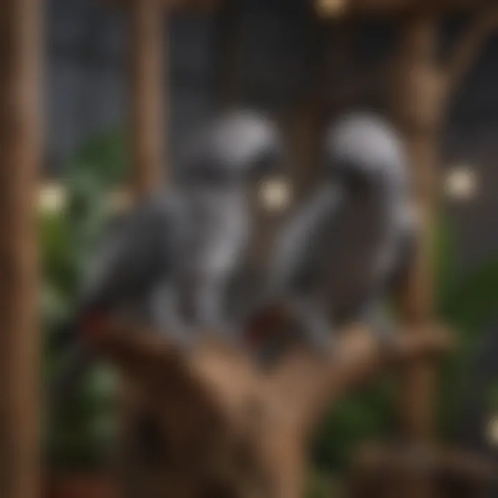 African Grey parrots enjoying their spacious habitat with climbing structures