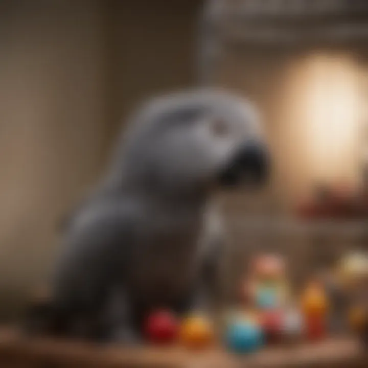 African Grey parrot interacting with toys in an appropriate-sized cage