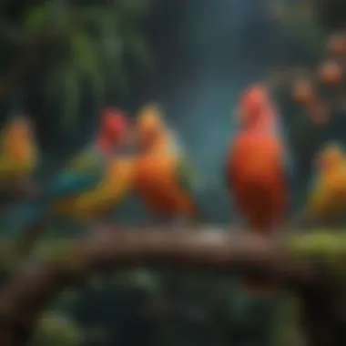 Colorful array of pet birds perched together in a serene setting.