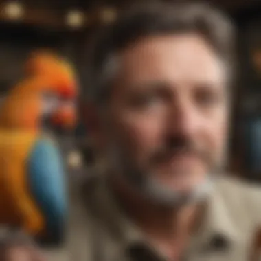 Analyzing Social Dynamics in Avian Communities Close-up of a bird expert evaluating social interactions among various species.