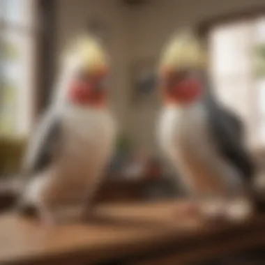 An inquisitive cockatiel interacting with its owner in a cozy living room