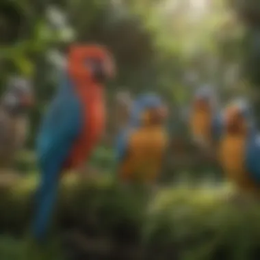 A diverse group of pet birds in a lush garden, highlighting their various characteristics