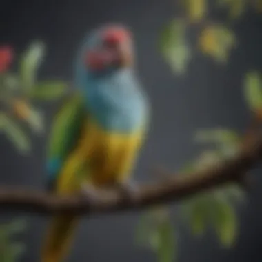 Parakeet's Colorful Display A vibrant parakeet perched on a branch showcasing its colorful feathers