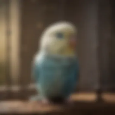 A serene budgie in a cozy cage