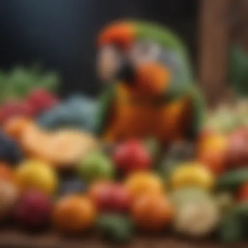 Colorful array of fruits and vegetables suitable for parrots