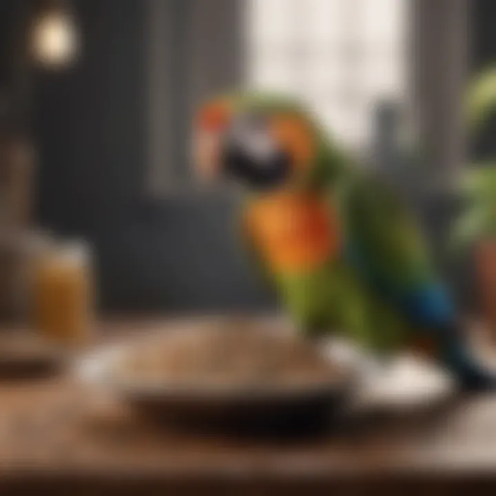 A parrot perched next to a dish filled with pellets