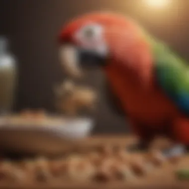 A parrot enjoying a bowl of seeds and nuts