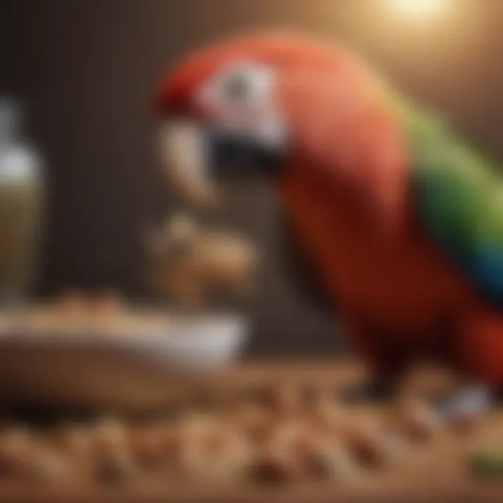 A parrot enjoying a bowl of seeds and nuts