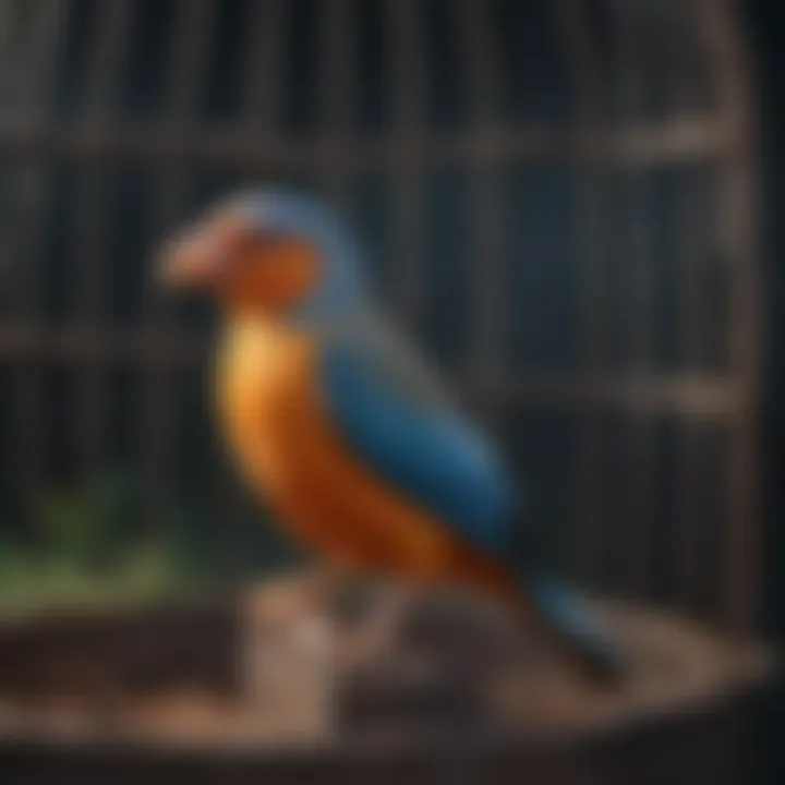 A pet bird perched happily inside a well-maintained cage