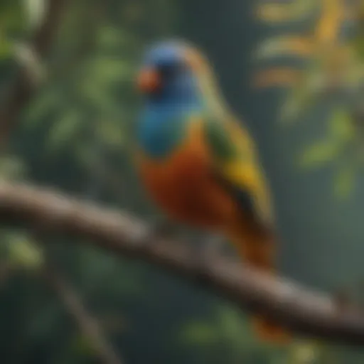 A vibrant collection of rare pet birds perched gracefully on branches.