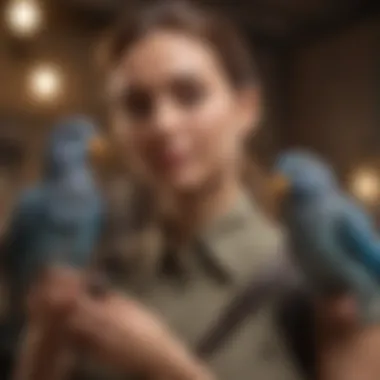 A person interacting joyfully with a pet bird on their shoulder