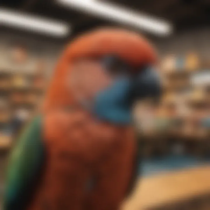 A variety of pet bird species displayed in a pet store