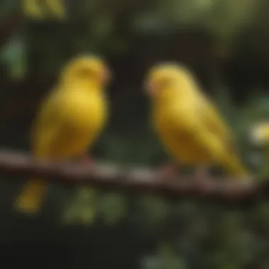 Colorful canaries perched on a branch, showcasing their vibrant plumage.